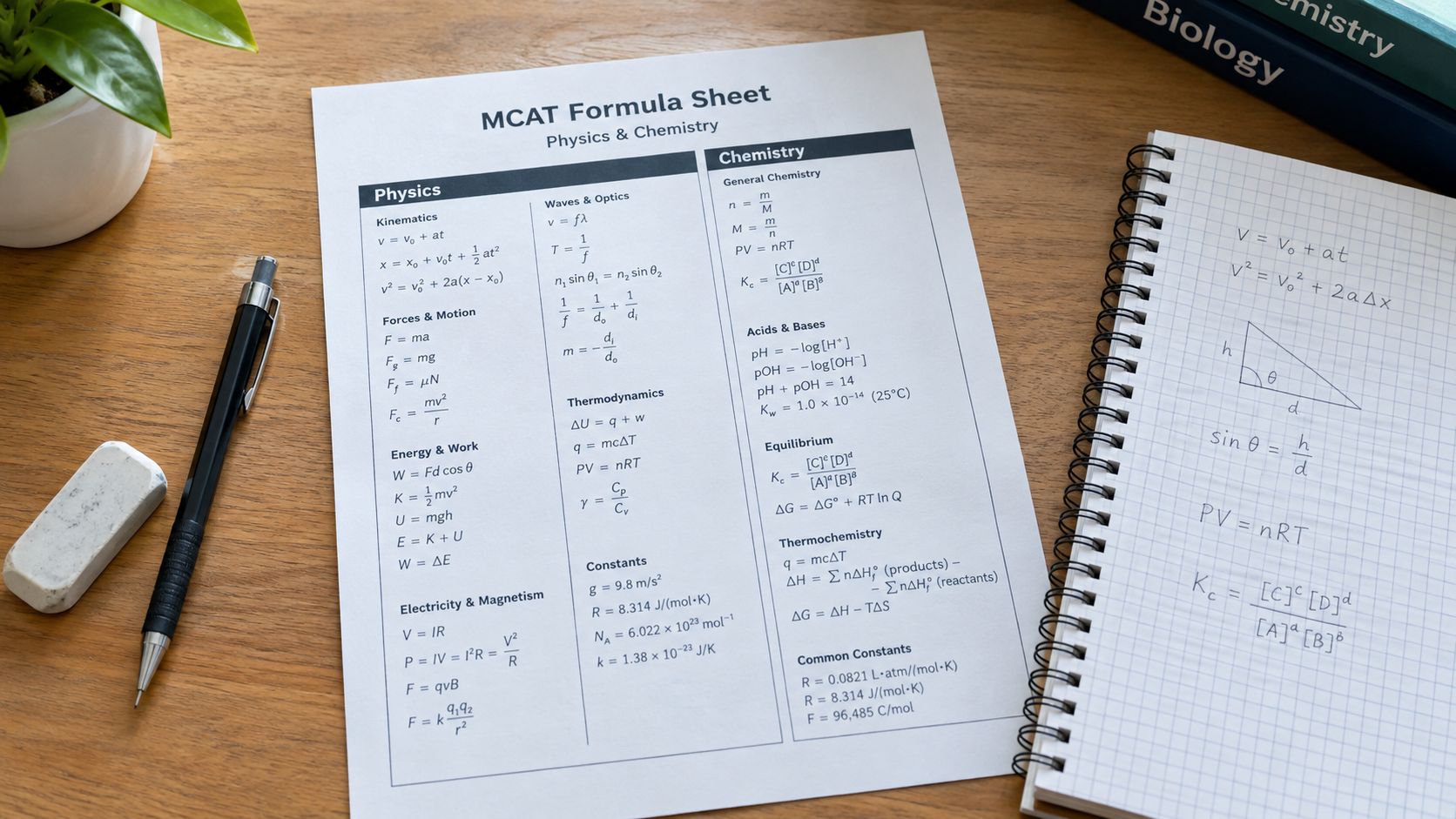 A student's desk with an official MCAT formula sheet, notebook, and pencil, ready for a study session.