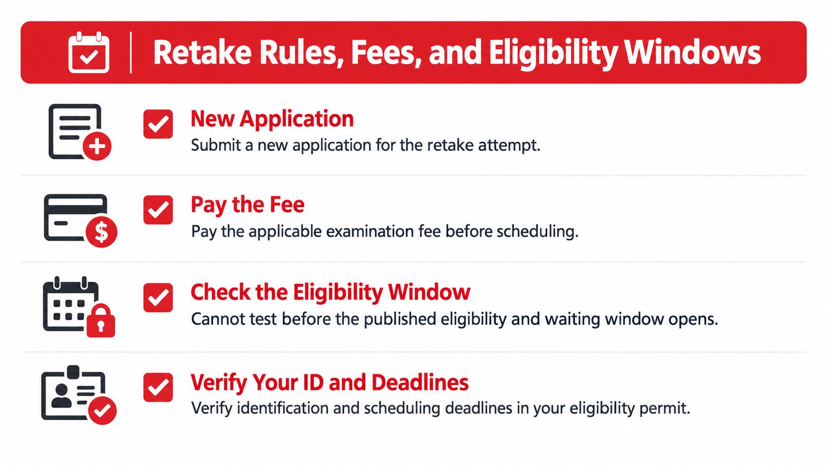 An infographic titled Retake Rules, Fees, and Eligibility Windows outlining four steps for retaking an exam.