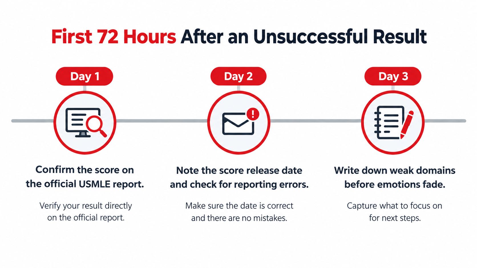 A step-by-step timeline graphic for managing the first 72 hours following an unsuccessful USMLE exam result.