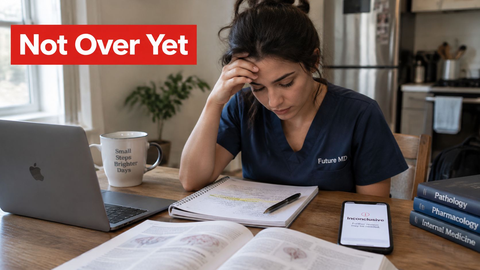 A tired medical student studying at a desk with a laptop, textbooks, and an inconclusive test result.