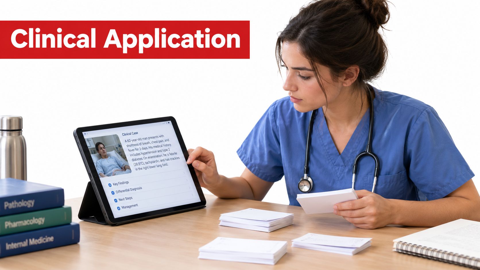 A female medical student studying with a tablet computer, clinical case flashcards, and medical textbooks.