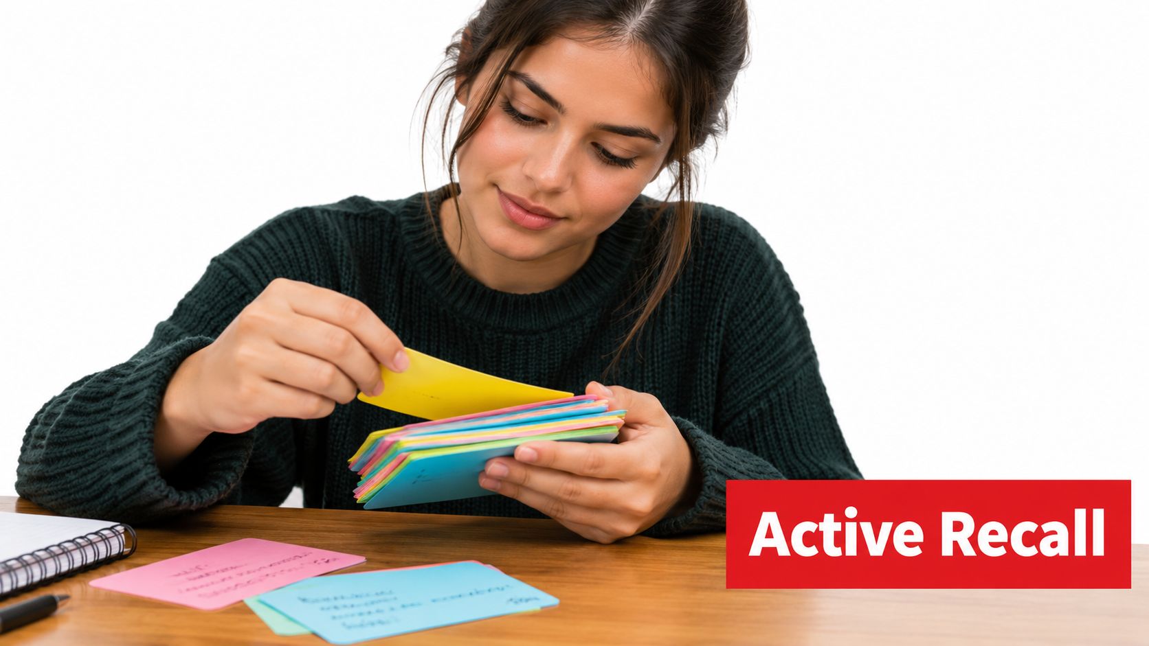 A focused young woman sitting at a desk studying with a colorful stack of flashcards.