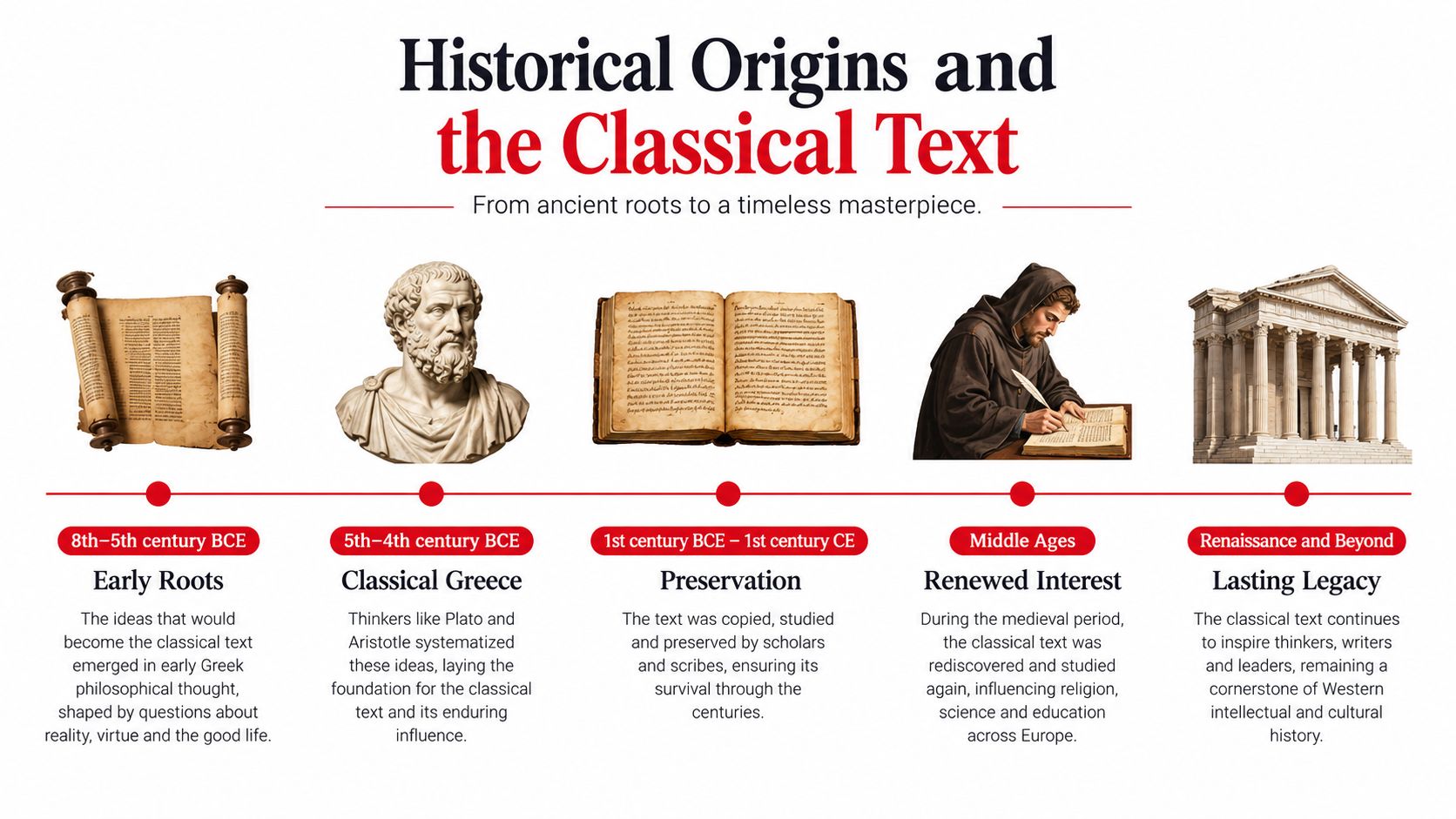 A timeline illustration titled Historical Origins and the Classical Text showcasing the evolution of classical literature.