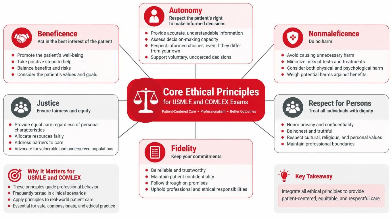 A diagram outlining the core ethical principles for USMLE and COMLEX exams including autonomy, justice, and beneficence.
