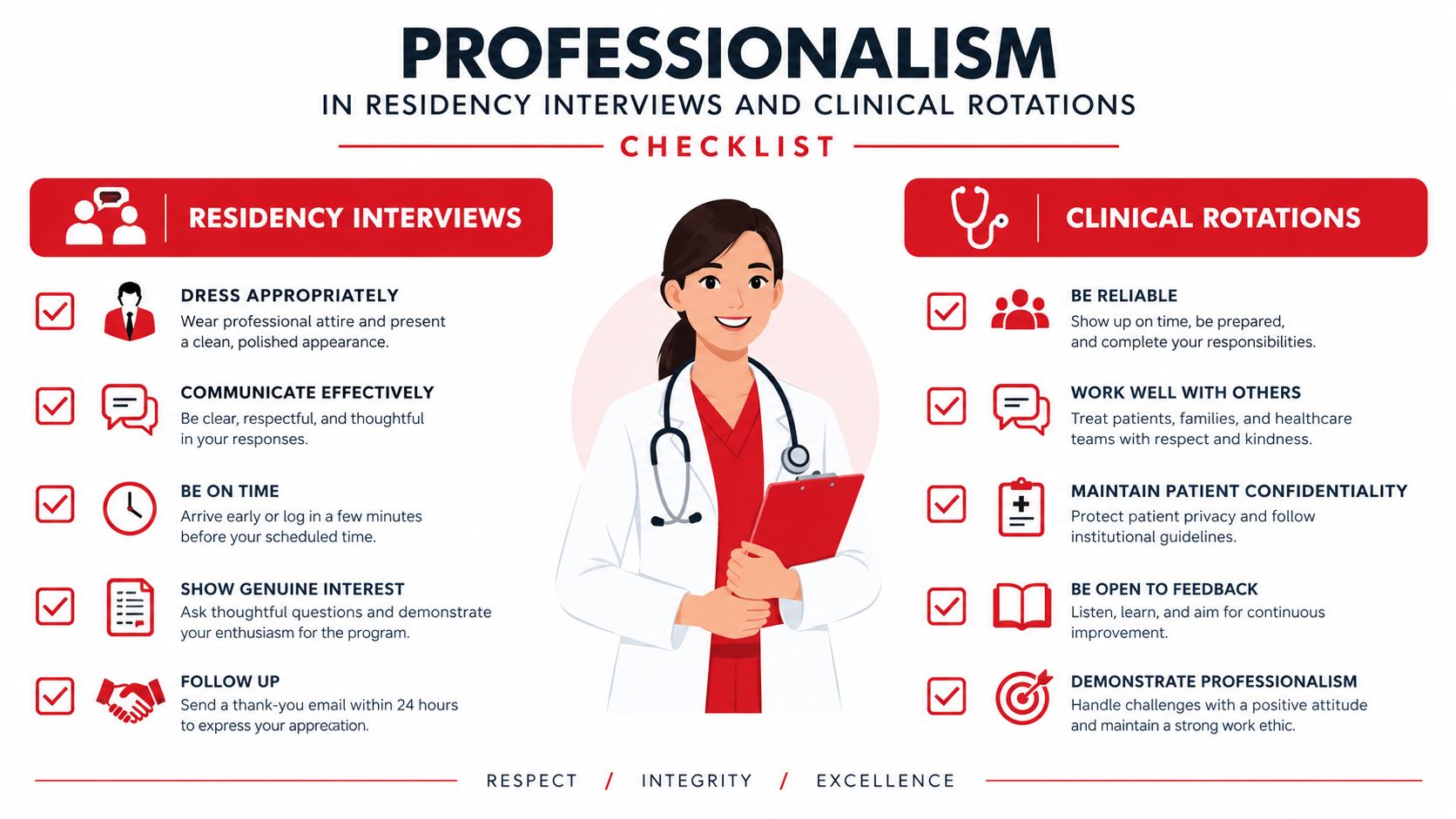 A professional checklist infographic detailing essential conduct for medical residency interviews and clinical rotations in healthcare settings.