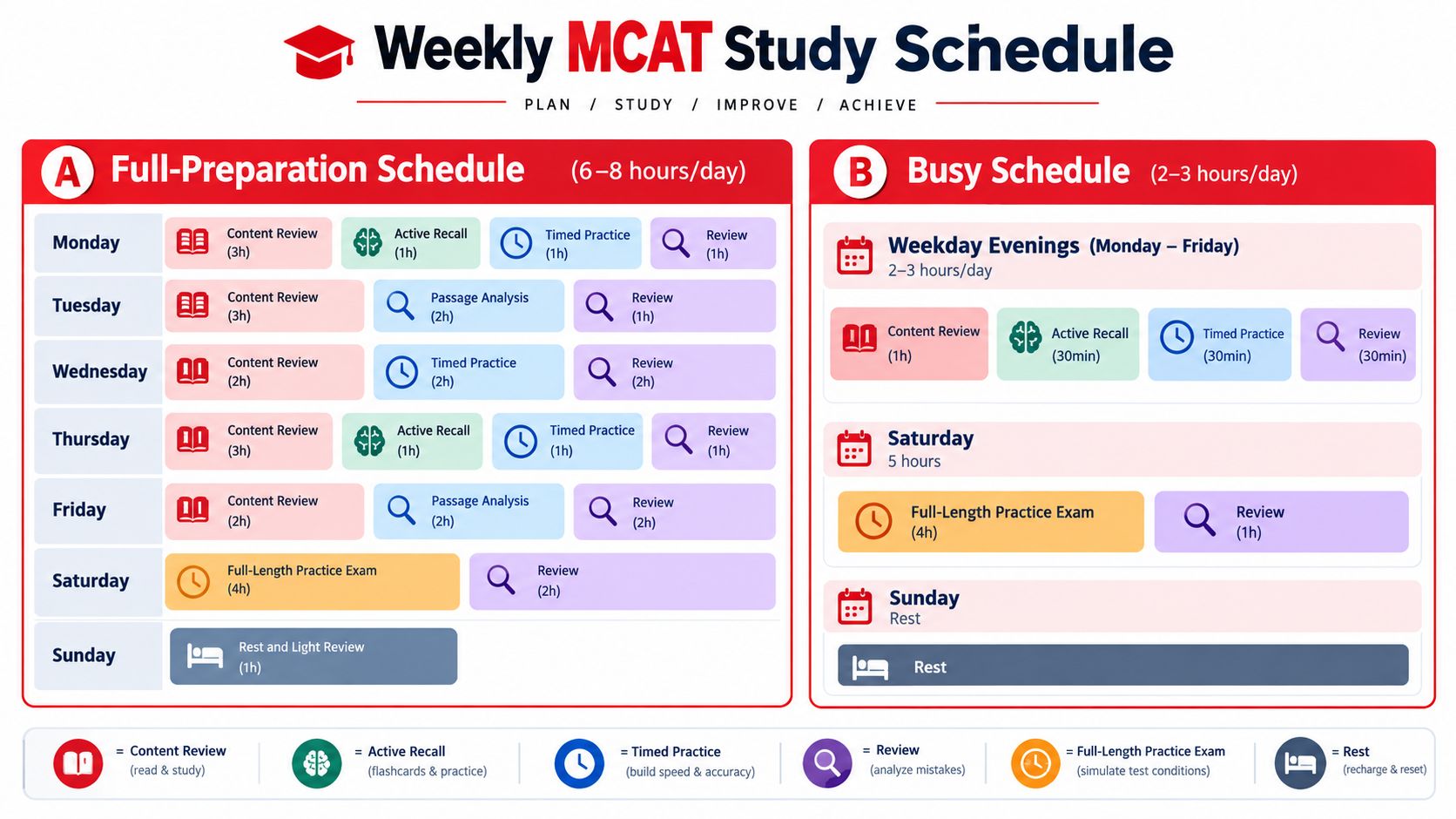A weekly MCAT study schedule showing two plans for students to improve their biology exam preparation.