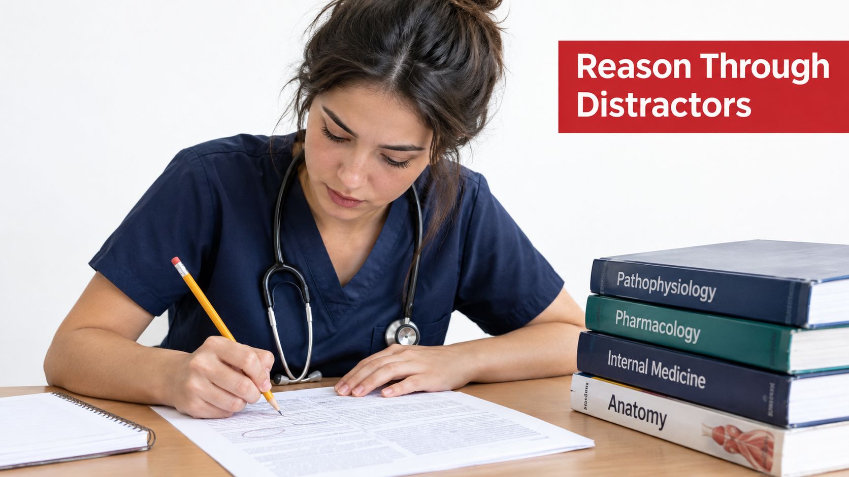 A medical student focusing intensely while studying from textbooks and writing on a paper document.