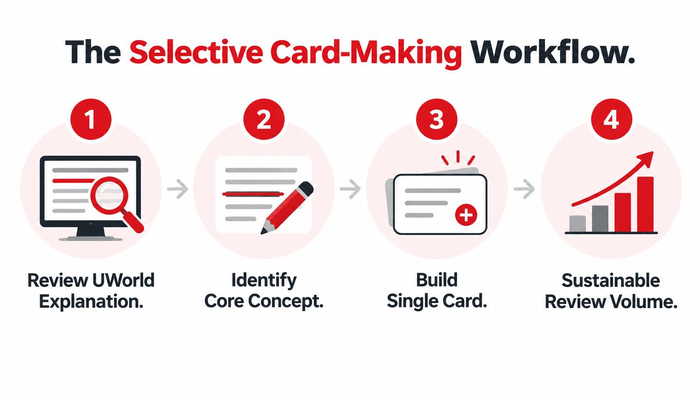 A four-step infographic illustrating the selective card-making workflow for studying medical exam materials from UWorld.
