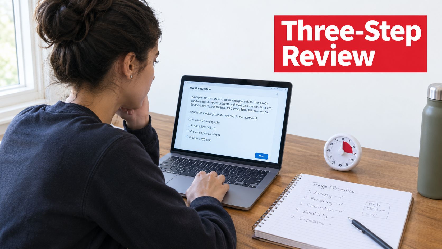 A student using a laptop to study medical practice questions with a notebook and timer nearby.