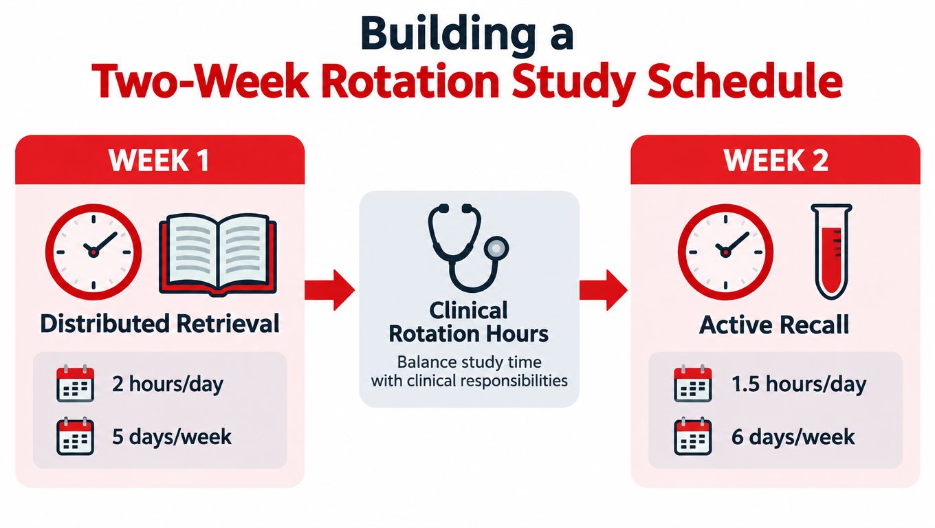 A two-week study rotation schedule infographic for medical students balancing clinical hours with study techniques.