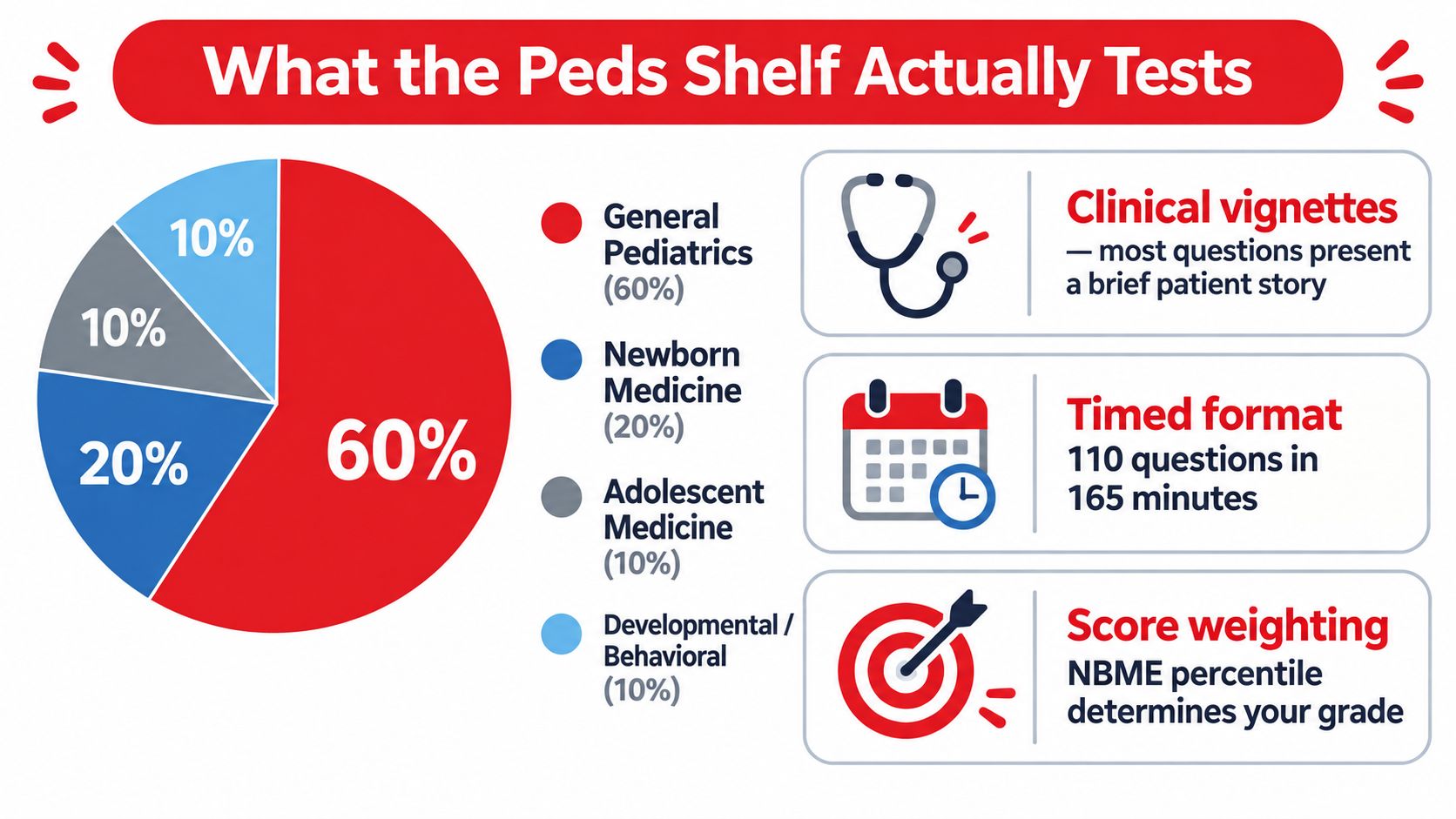 A pie chart and infographic illustrating the breakdown of topics covered in the pediatrics shelf exam.