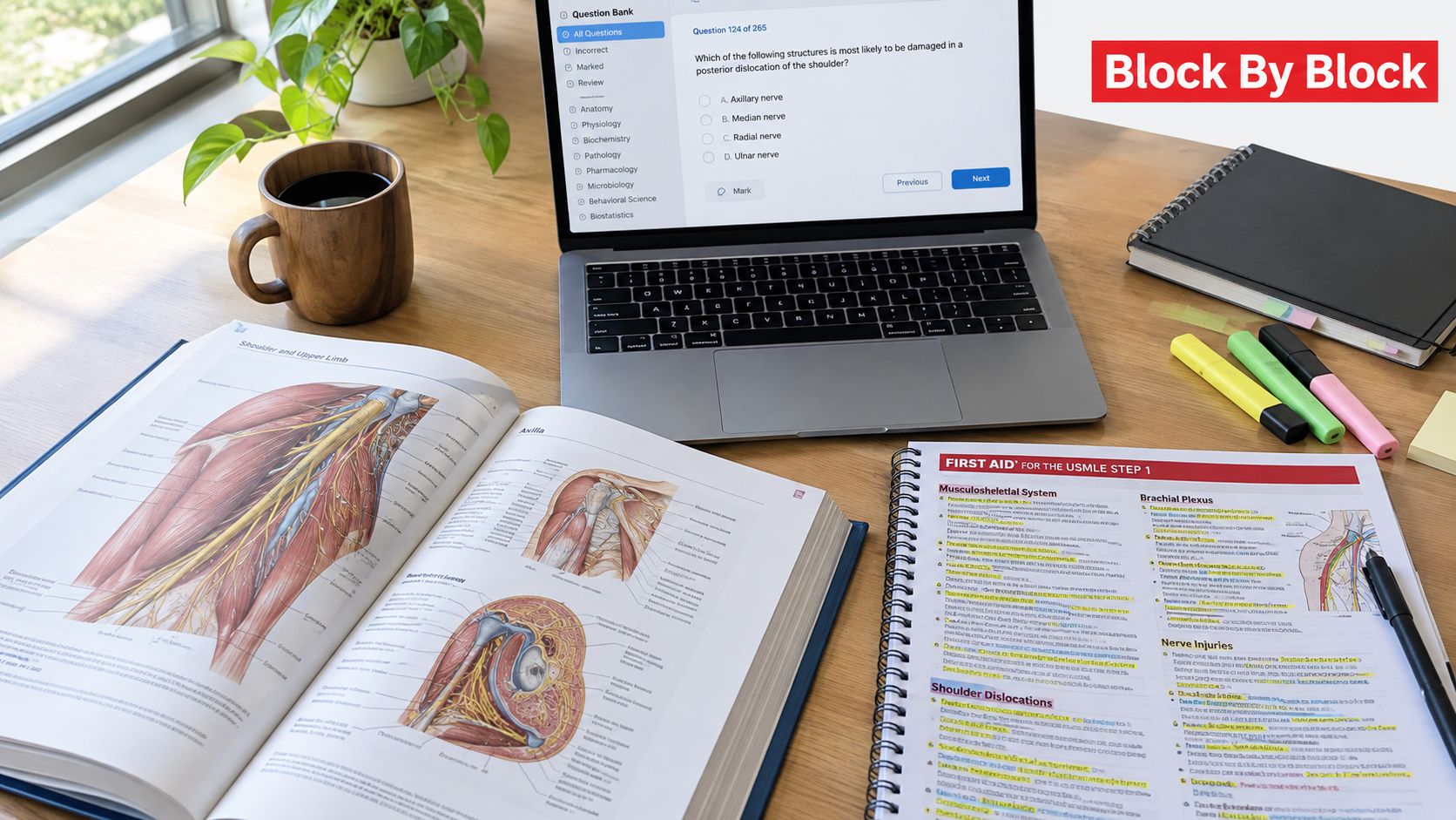 A study setup for USMLE Step 1 with a laptop, anatomy textbook, and medical review notes on a desk.