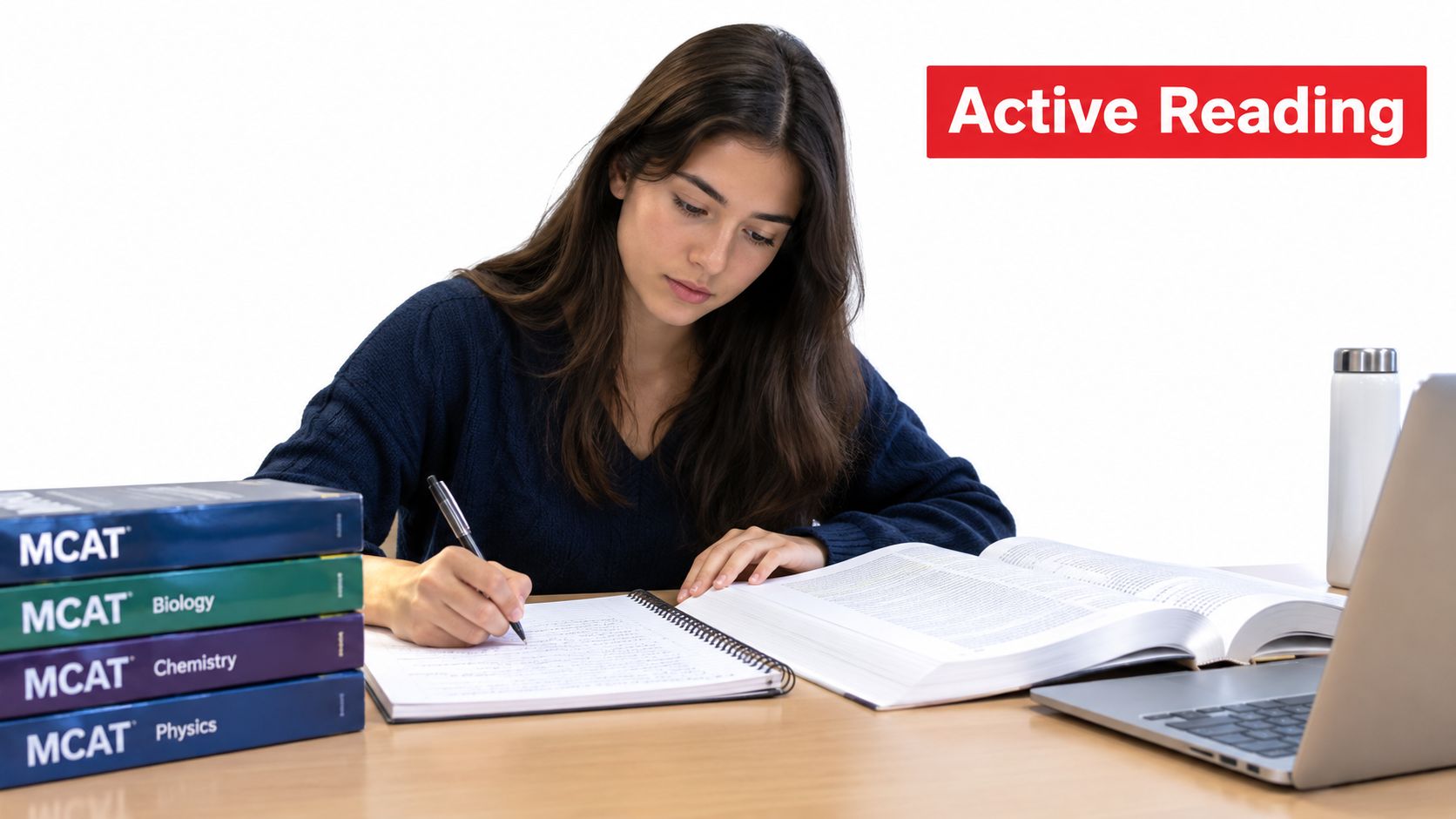 A young female student taking notes while studying from large MCAT textbooks at a wooden desk.