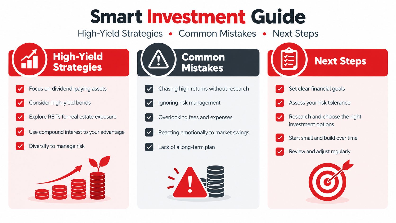 An infographic titled Smart Investment Guide detailing various high-yield investment strategies, common financial mistakes, and actionable next steps.