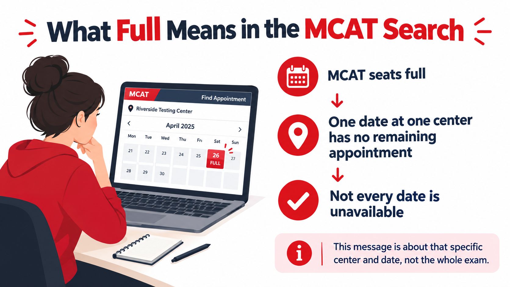 A woman looking at a laptop screen showing an MCAT booking calendar with a date marked full.