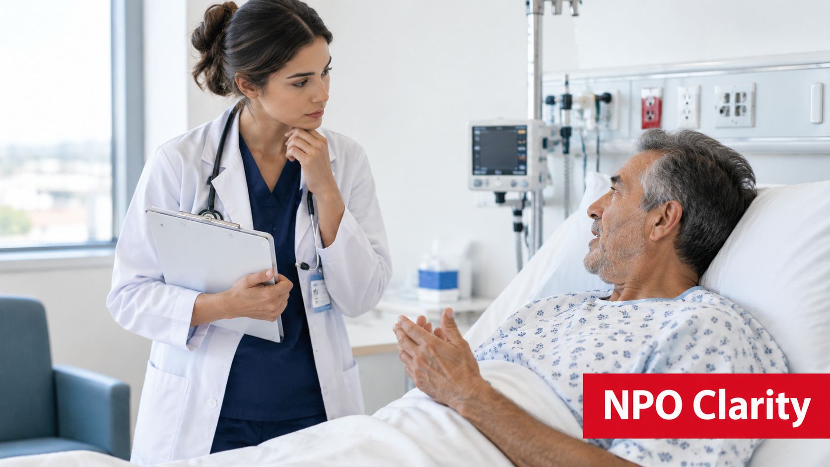 A female doctor with a clipboard discussing medical care with an elderly male patient in a hospital.