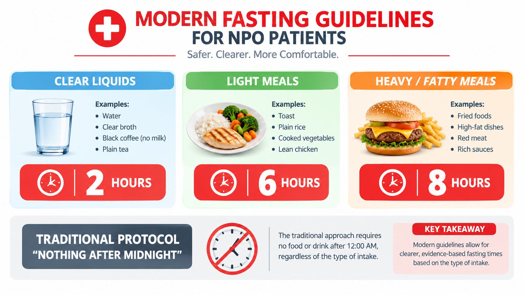 A medical infographic showing modern fasting guidelines for NPO patients based on different types of food intake.