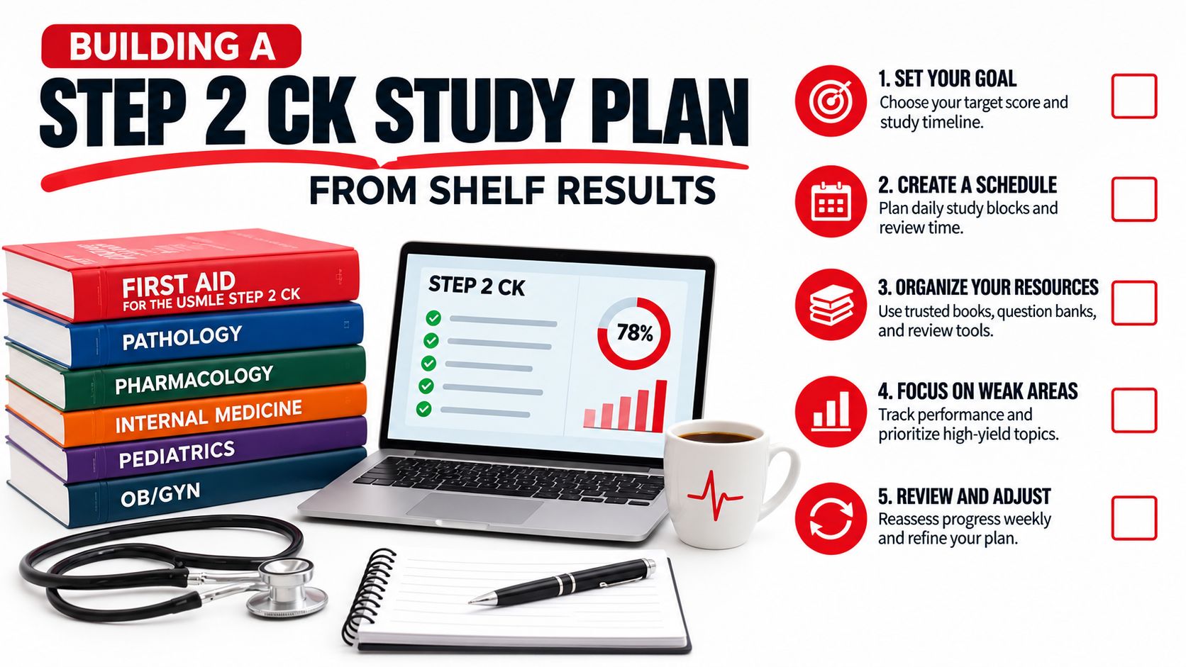 A laptop, textbooks, and stethoscope displayed next to a five-step USMLE Step 2 CK study guide infographic.