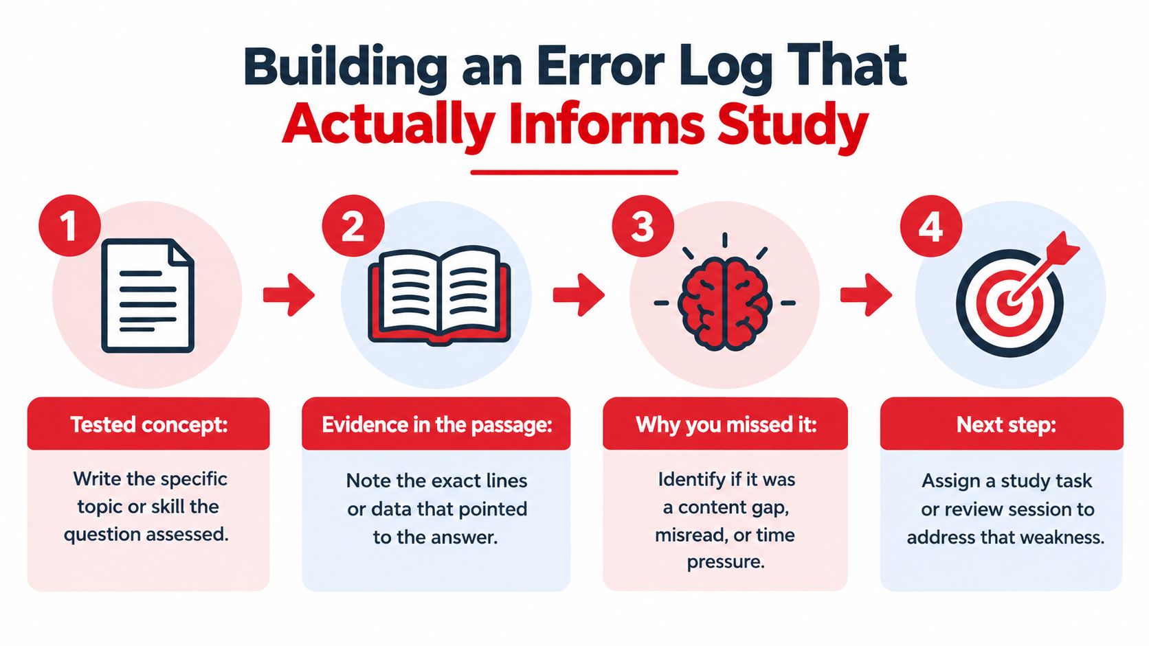 A four-step infographic illustrating how to create an effective error log to improve academic study habits.
