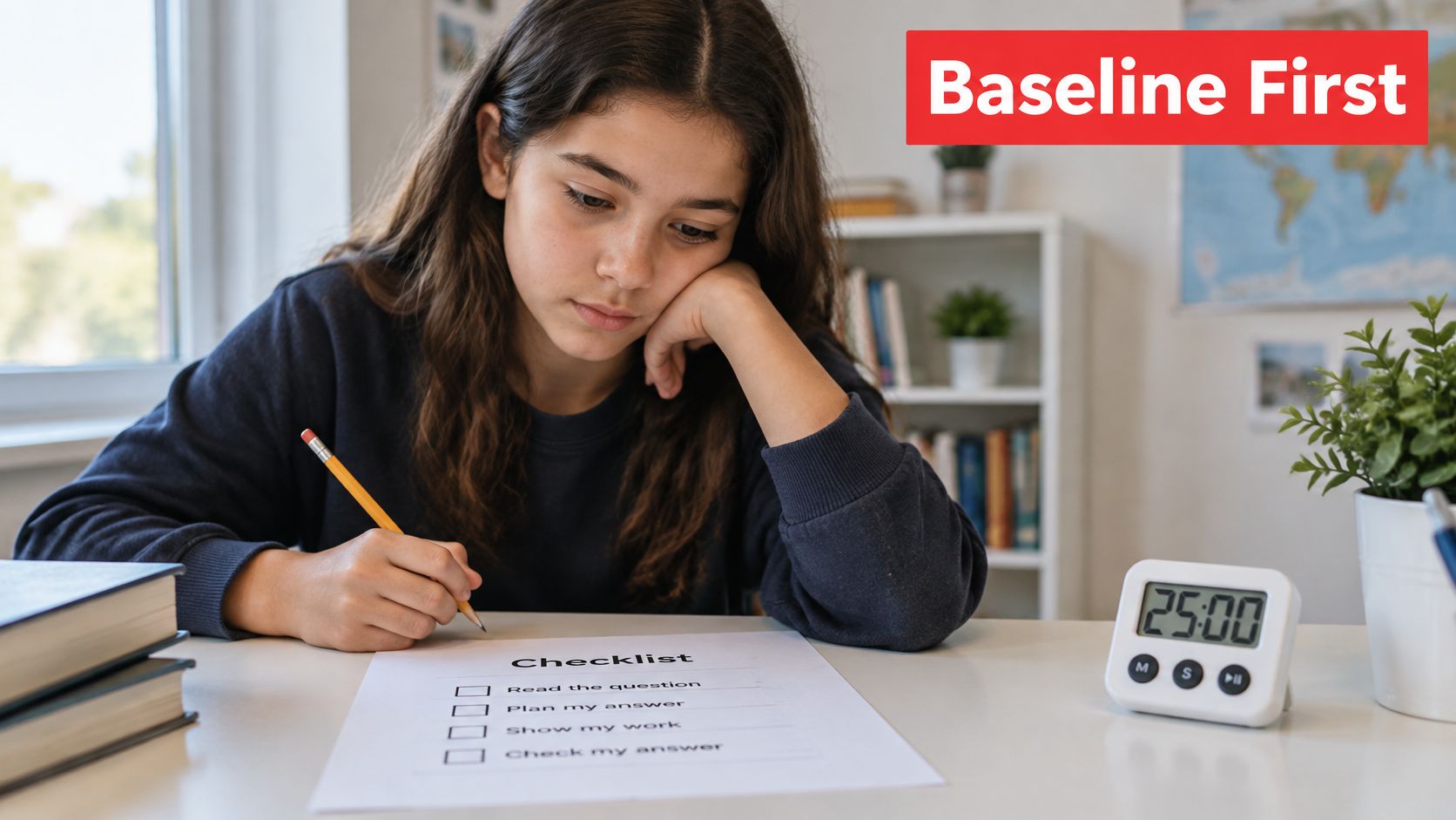 A young female student focuses intently on a checklist while studying at her desk with a timer.