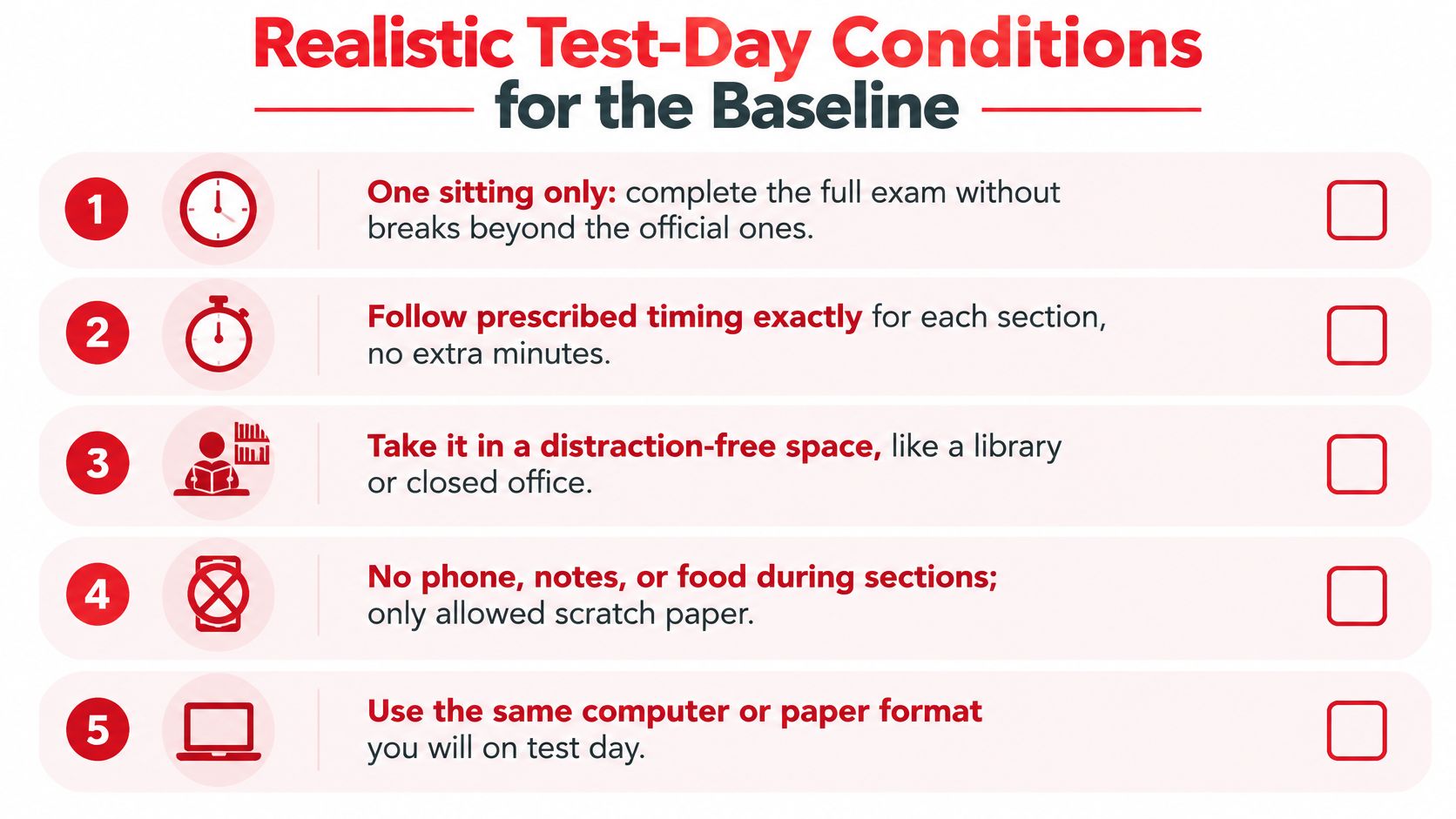 A checklist highlighting five realistic test-day conditions for baseline exam preparation to ensure optimal performance.