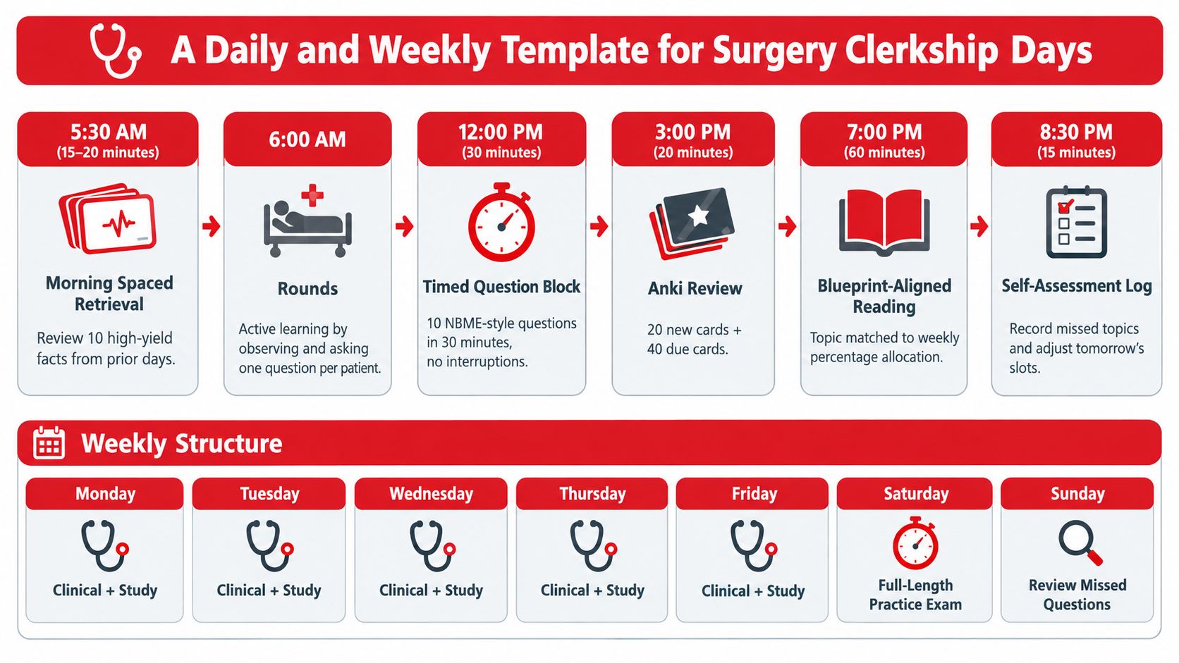 A structured daily and weekly study template for medical students preparing for their surgery clerkship exams.