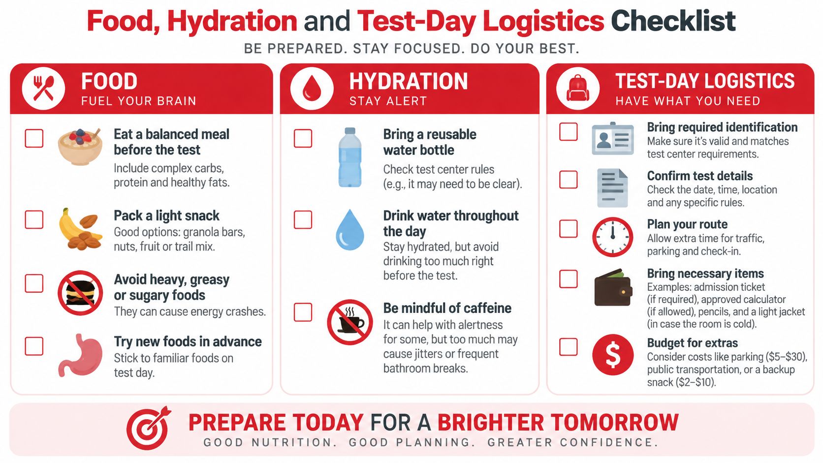 An infographic checklist outlining food, hydration, and logistics tips for students preparing for exam day.