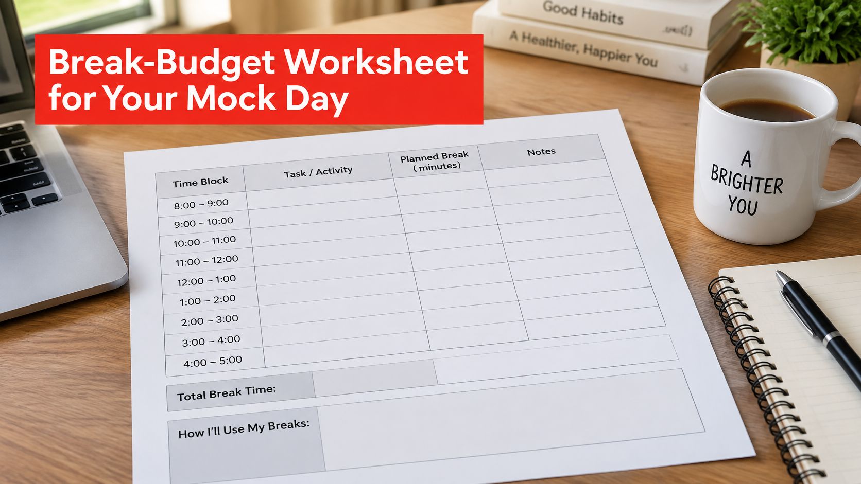 A printed Break-Budget Worksheet on a wooden desk next to a laptop and a coffee mug.
