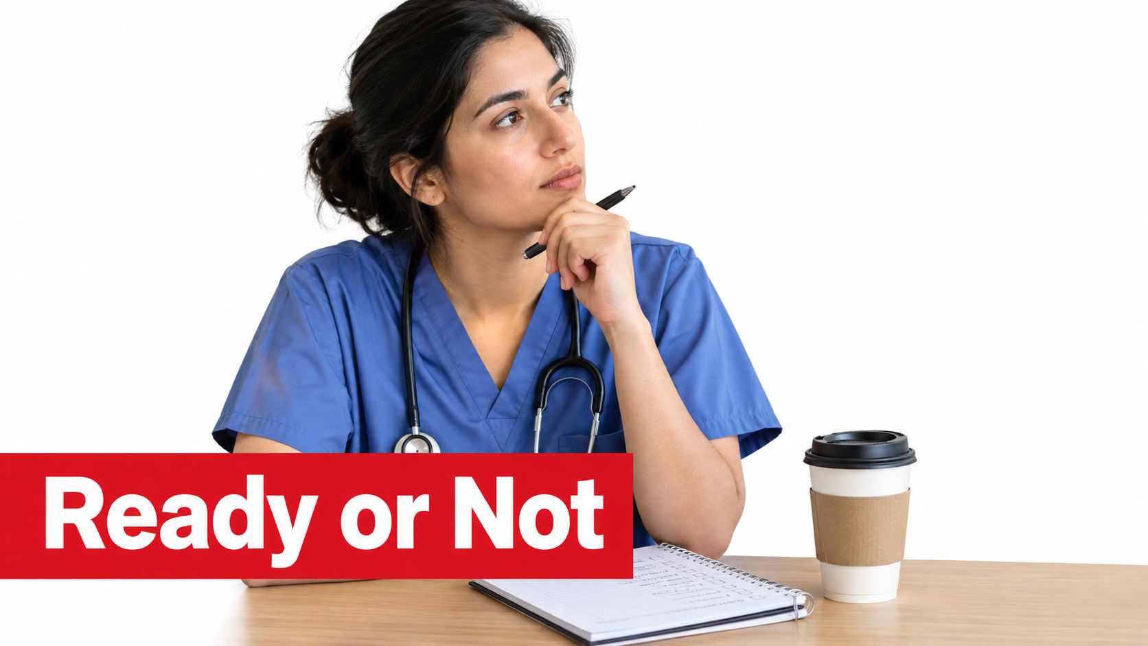A female doctor in blue scrubs sits at a desk thoughtfully with a pen, notebook, and coffee.