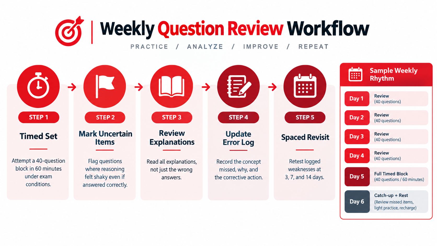 A five-step weekly question review workflow infographic for exam preparation with a sample study schedule.