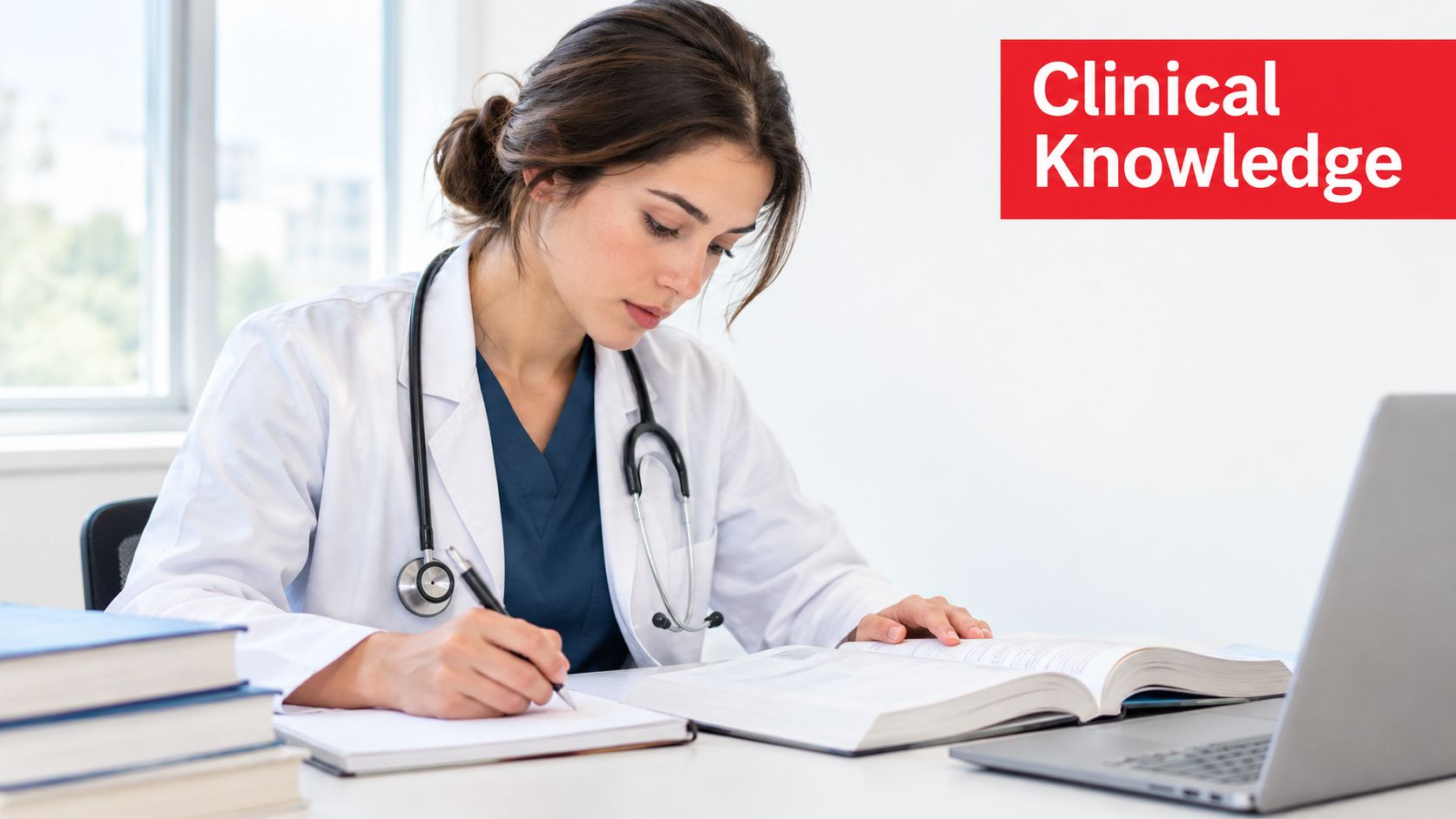 A female doctor in a white coat studying clinical knowledge from a textbook at her desk.