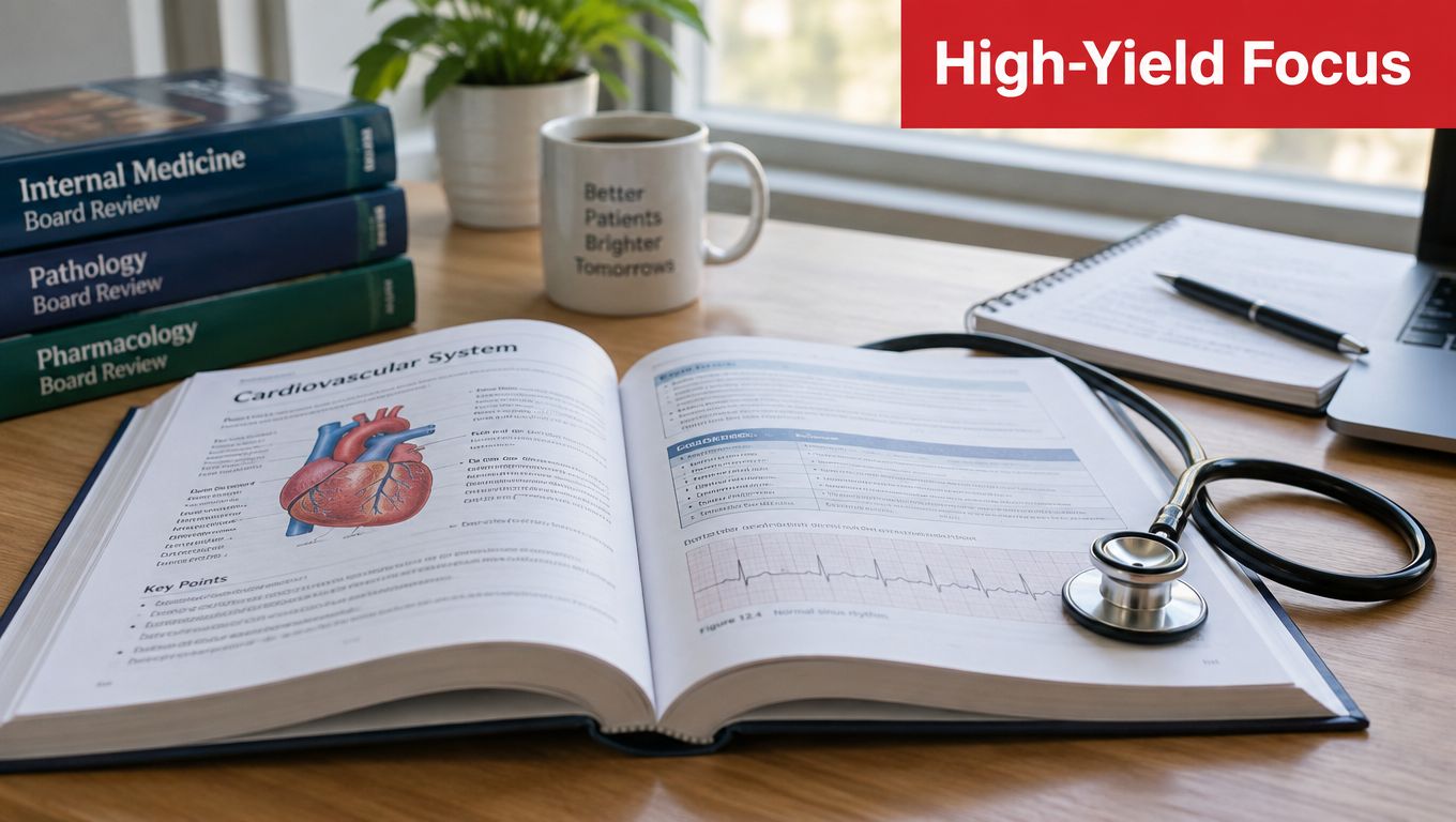 Open medical textbook on the cardiovascular system with a stethoscope resting on the pages on a desk.