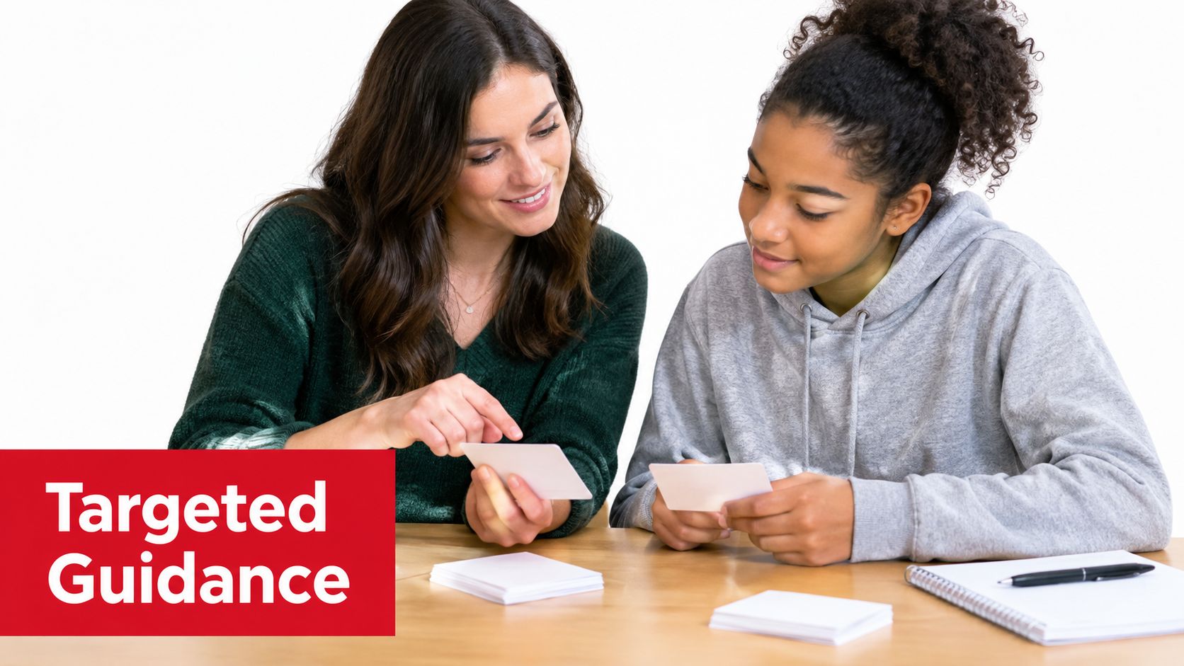 A tutor providing targeted guidance to a student while studying with flashcards at a wooden table.