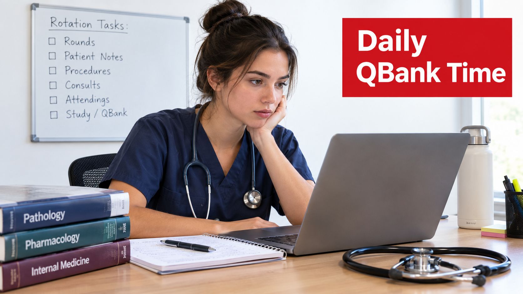 A medical student wearing scrubs and a stethoscope studies for shelf exams using a laptop and books.
