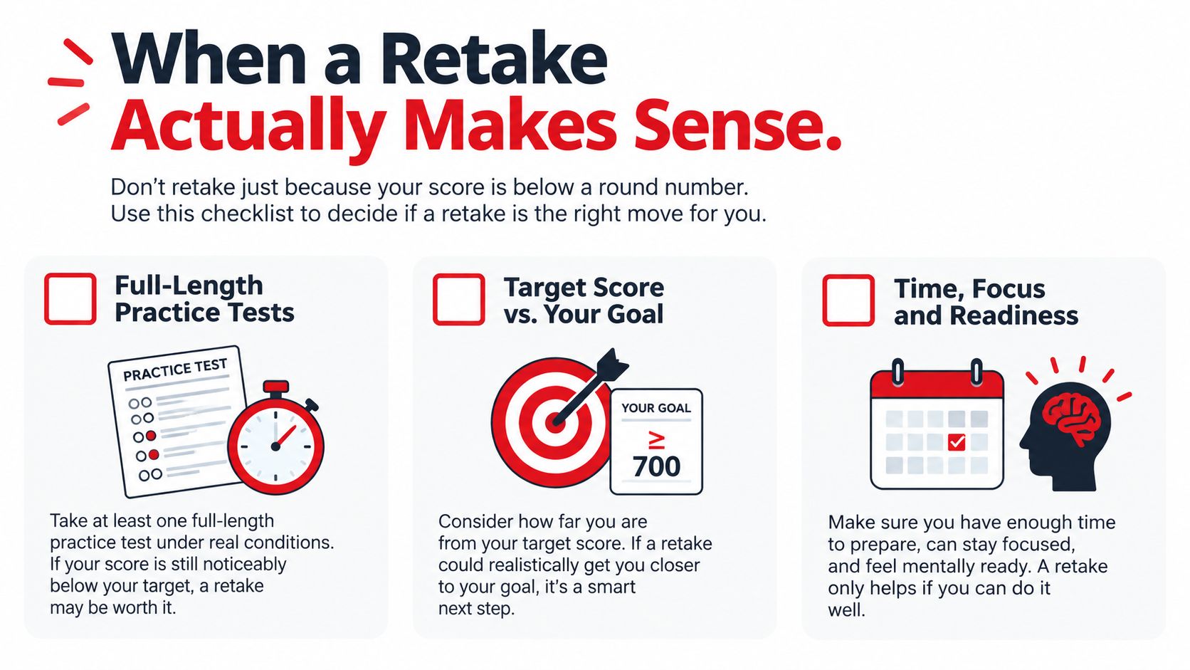 A checklist illustrating three key factors to consider before deciding to retake an exam.